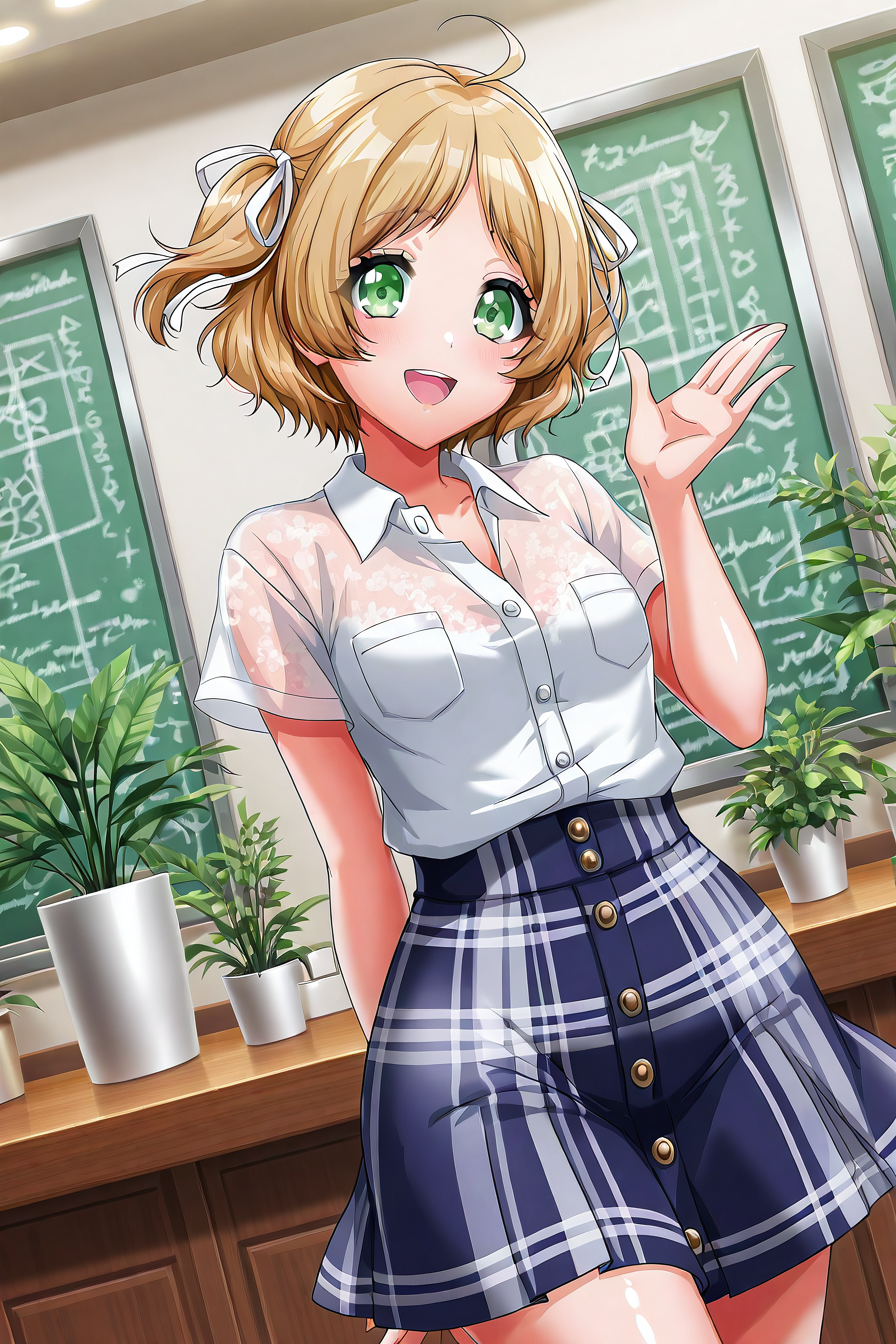 shiny skin, posing,
<lora:d4dj.il:1>,
d4dj,
miiko,
wide hips,
thin shirt, buttons, see-through, skirt, no bra,