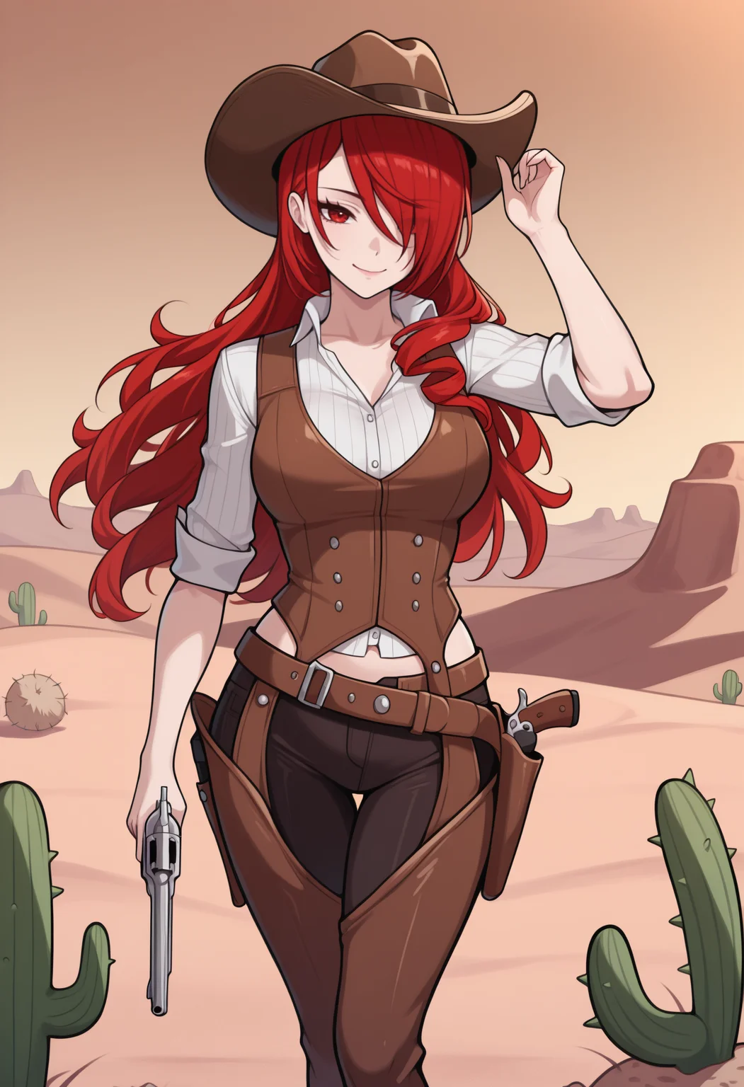 masterpiece, best quality, newest, solo, 1girl, mtsrdef, smile, looking at viewer, standing, hand up, holding gun, revolver, long hair, red hair, hair over one eye, cowboy hat, red eyes, brown vest, white shirt, collared shirt, ribbed shirt, sleeves rolled up, brown shorts, black pants, chaps, outdoors, desert, cactus, tumbleweed
<segment:yolo-face_yolov8m.pt,0.4,0.5//cid=1>