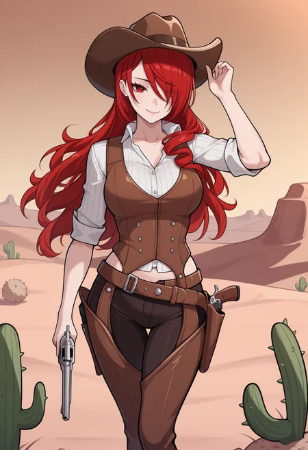 masterpiece, best quality, newest, solo, 1girl, mtsrdef, smile, looking at viewer, standing, hand up, holding gun, revolver, long hair, red hair, hair over one eye, cowboy hat, red eyes, brown vest, white shirt, collared shirt, ribbed shirt, sleeves rolled up, brown shorts, black pants, chaps, outdoors, desert, cactus, tumbleweed
<segment:yolo-face_yolov8m.pt,0.4,0.5//cid=1>