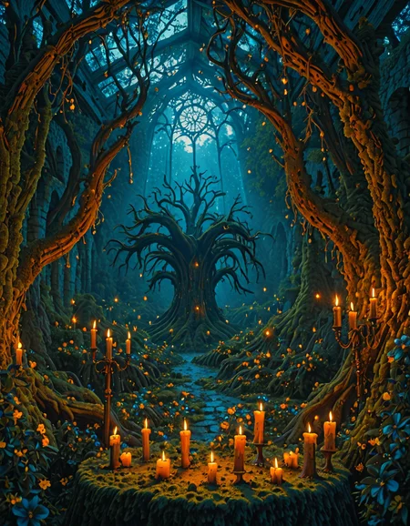 <lora:MW_Tavern01ill:1> mwt01, outdoors, medieval, candles lights, skylight, lots of sun shades, huge roots, colorful flowers, moss, tree, vegetation, moss, sunset, blue, orange, yellow, brown, T1, white, dark blue, fantasy, sunset, blue sky, bokeh, sunlight, gold tree, T7, scenery, T8,