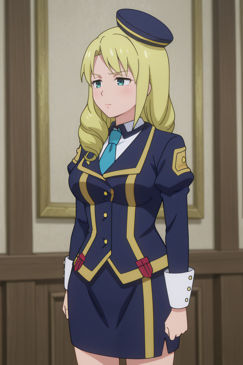 newest, Elina Pitterson,  collared shirt, pencil skirt, sleeve cuffs, military uniform, jacket, long sleeves, hat <lora:Konosuba_Bakuen_-_Elina_Pitterson_-_illustrious:0.8>
