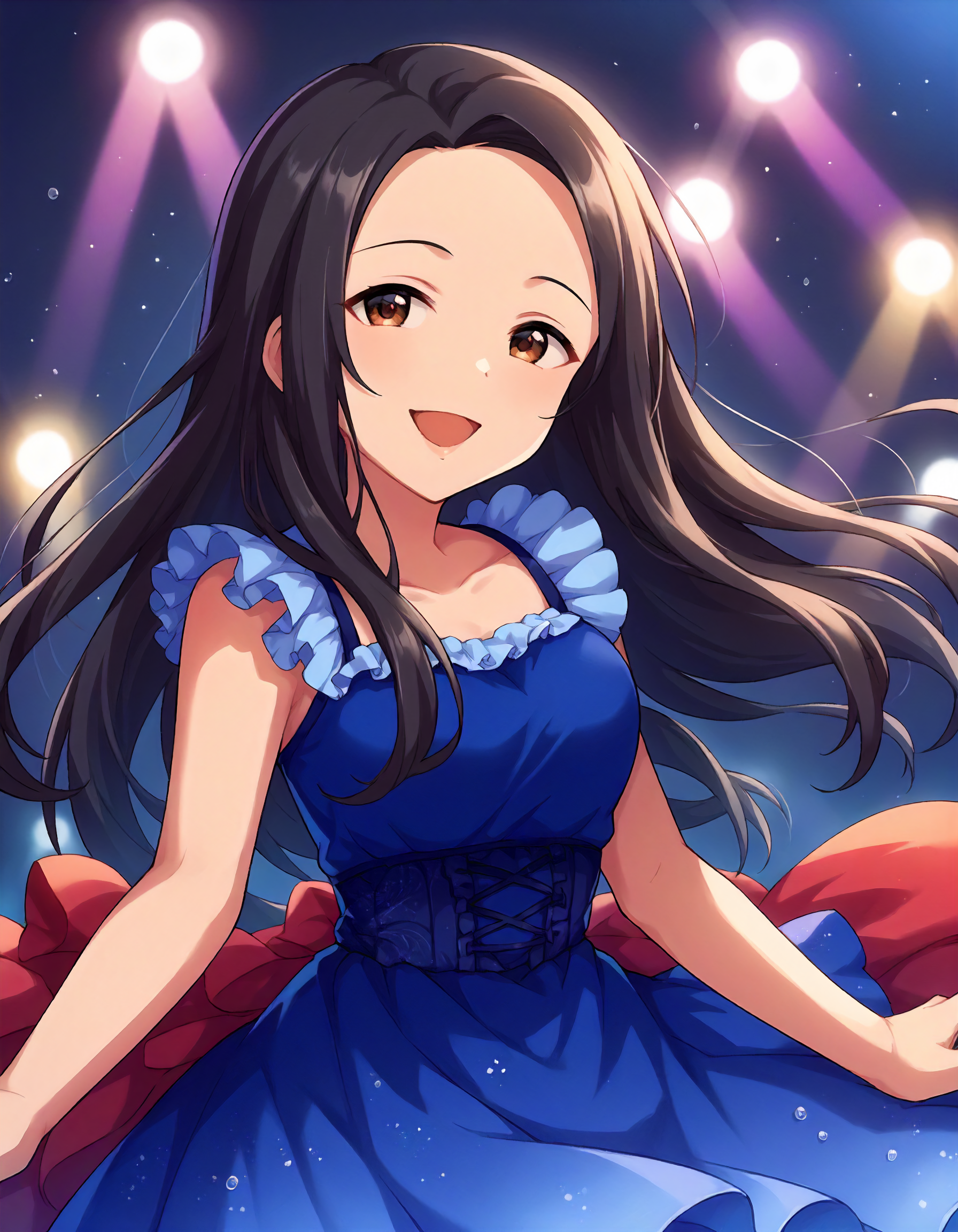 score_9,score_8_up,score_7_up,1girl,solo,cowboy shot,looking at viewer,smile,open mouth,stage lights,
<lora:senashiori_ponyXLV6:0.8>,cgsso,
black hair,long hair,brown eyes,
blue dress,frills