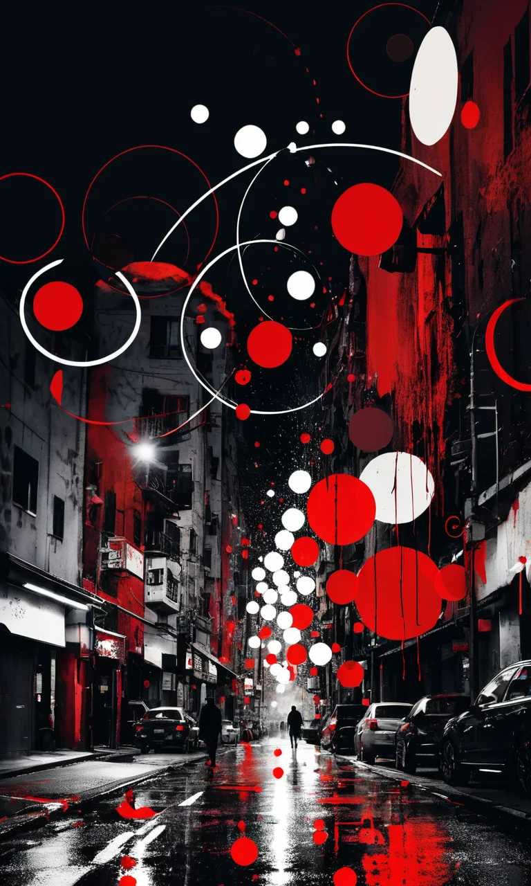 4n1v3rs3, zPDXLrl, Japanese (city silhouette), abstract white, red, and black artwork in the style of Kandinsky with circles and dots against a dark background with dark tones, red highlights, and red paint splashes framed against a dark white background in a graffiti style on a dark red background, SimplePositiveXLv2, <lora:add-detail-xl:2>