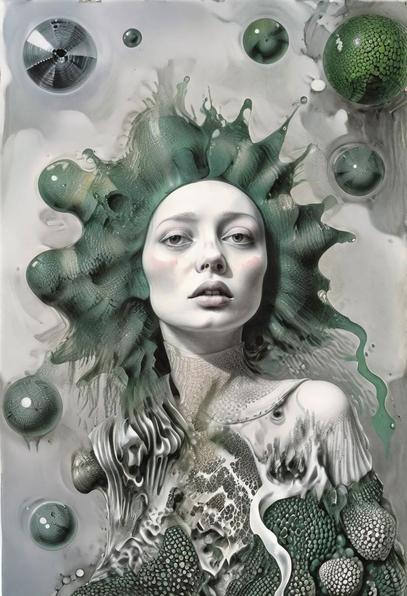 raw sketch of interwoven concrete cement pebbles cob cobblestone shell fishscales snakeskin, melting flesh covered in moss rot mold bubbles droplets, by Hans Bellmer, by Malevitch, by Kandinsky, Surreal psychedelic bizarre, psychedelic hallucination, pop surrealism, rough crosshatch drawing pop art Lunatic_Portrait of a young woman in latex Avant-garde Fashion page, slick back, low bun, black makeup, sinister expression, intense glare, avant-garde, abstract, weird, geometric, constructivism, suprematism, rayonism, verticism, lineism, tj