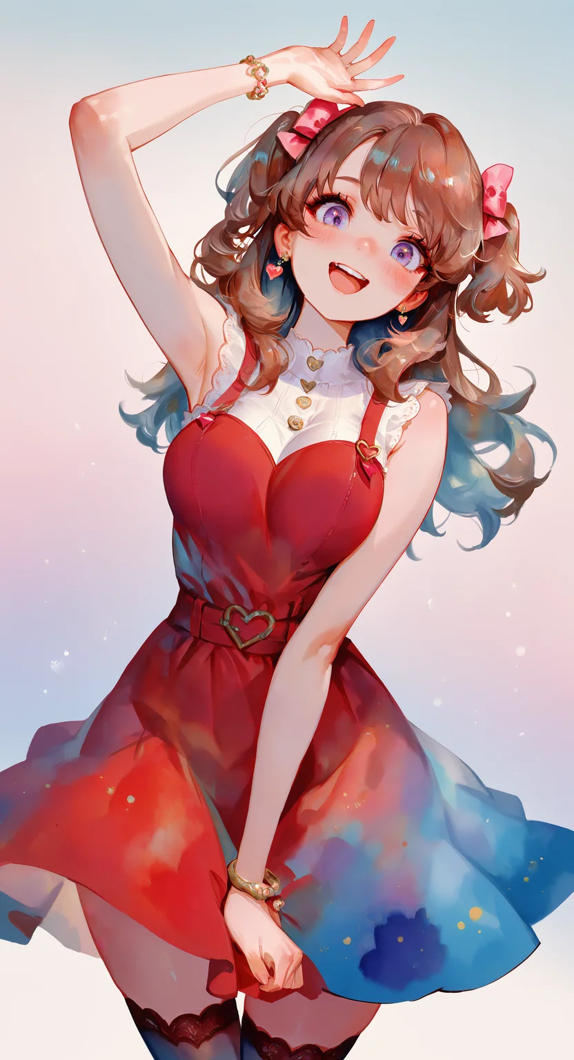 masterpiece, best quality, good quality, very aesthetic, absurdres, newest, 1girl, :d, arm up, blush, bow, bracelet, brown hair, dress, earrings, hair bow, heart, heart earrings, jewelry, large breasts, long hair, medium dress, open mouth, pink bow, purple eyes, red dress, red thighhighs, glance, sleeveless, sleeveless dress, smile, solo, teeth, thighhighs, two side up, upper teeth only,
looking_at_viewer, Watercolor,simple background,Blue gradient background, <lora:ponyv5_noobE11_1_adamW-000013:0.7> <lora:USNR_STYLE_XL_lokr:1> <lora:ILwatercolor:0.7> <lora:noob1.1-lineart_adjust1-mki:-2>