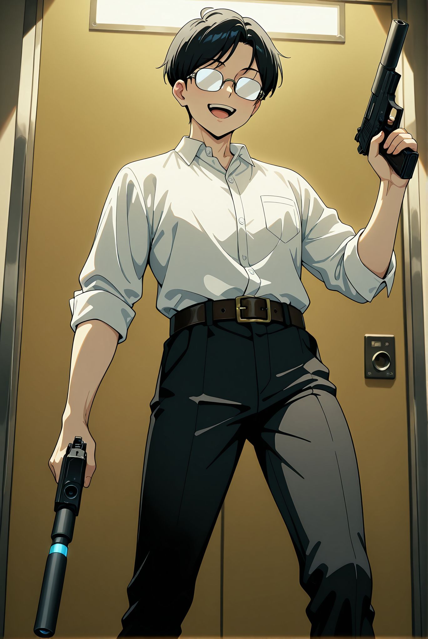 masterpiece,best quality,amazing quality,very aesthetic,absurdres,newest, huge filesize,
<lora:spo_sdxl_10ep_4k-data_lora_webui:0.5>,
<lora:add-detail-xl:1>anime coloring,
<lora:tohai_V1:1> tohai,
1boy,male focus
weapon,opaque glasses,
glasses,gun,solo,black hair,
holding weapon,
holding,shirt,
smile,belt,open mouth,
white shirt,holding gun,
pants,handgun,
black pants,t_seki,
Silenced pistol,
Suppressed handgun,
Pistol with a suppressor,Cylindrical, elongated barrel,
Round, extended suppressor,
Long, tubular silencer attachment,