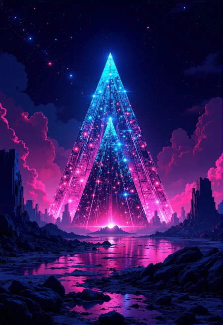 <lora:ck-ghost-reaper:0.9>, This is a digital artwork in the style of ckgr,
pyramids neon fire in the eternal night, built from futuristic nano-glas, cascading holographic patterns