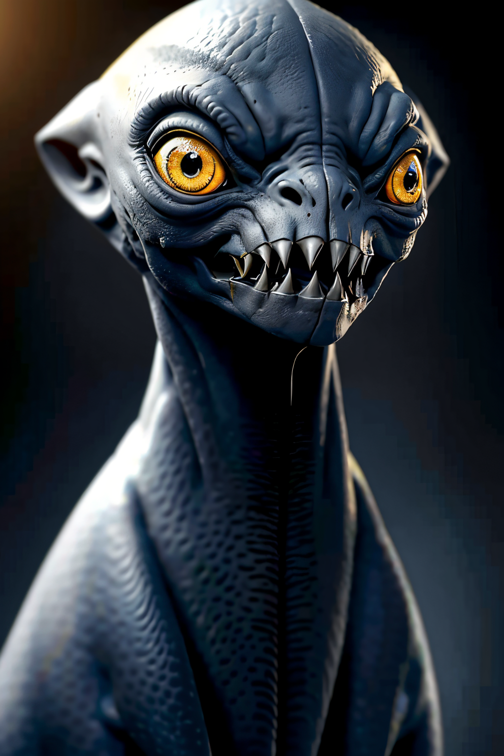 (Realistic:1.5) full body shot, sharp teeth bald 1girl day 1other glowing eye grey background yellow eyes gradient background  <lora:EdobAlienSpecies_v1.0:0.8>