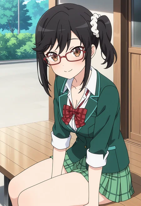 masterpiece, best quality, high resolution, source_anime, highly detailed illustration, detailed eyes,
very aesthetic, absurdres, newest, amazing quality,
1girl, solo, anime screencap,
<lora:shiIchijouHotaruV1ill:1>, shihotaruswim,black hair,brown eyes, cleavage, medium breasts, collarbone, hair bun, side ponytail,
looking at viewer, smile, green skirt, pleated skirt, plaid bowtie, blazer, white shirt, collared shirt, red-framed eyewear, school uniform,
outdoors, glasses, side ponytail, white scrunchie, red bowtie, hair scrunchie, sleeves rolled up, thighs, sitting,