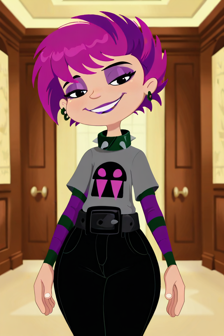 masterpiece, best quality, amazing quality, very aesthetic, absurdres, newest, solo,Ophelia_RamírezZYN, solo, 1girl, black eyes, eyeshadow, short hair, purple-pink hair, multicolored hair, purple lips, makeup, earrings, spikes, collar, spiked collar, jewelry, pants, shirt, short over long sleeves, layered sleeves, striped sleeves, belt, cowboy shot, looking at viewer, beautiful, ((beautiful face, beautiful eyes)), Wide Hips, Big thighs, standing,(smile, indoors, elegant room, looking_at_down, solo, full_body, head tilt,), Shadman_Style