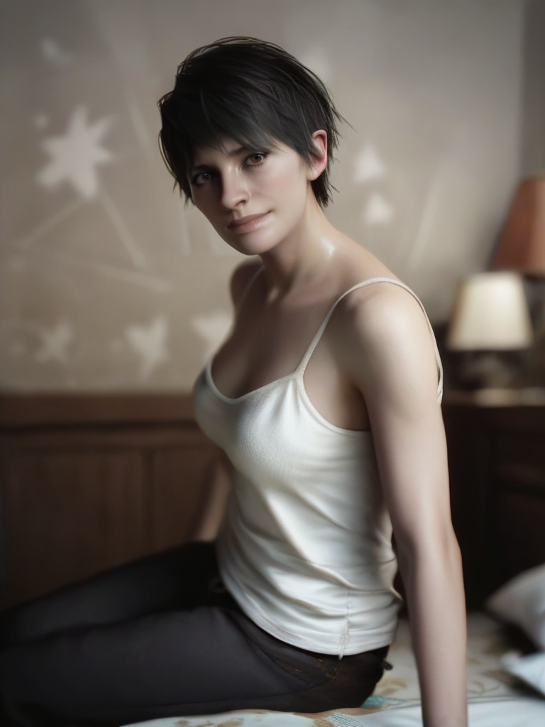 score_9, score_8_up, score_7_up, score_6_up, 1girl, dynamic pose, cowboy shot, looking at viewer, smile, shy pose, detailed background, dark room, bedroom, furniture, low light, nervous, sitting on bed, from above, from side,
<lora:ACTZZoeBaker_character:0.85>, ZoeBakerXL, short hair, black hair, brown eyes, white camisole, pants, realistic, screencap