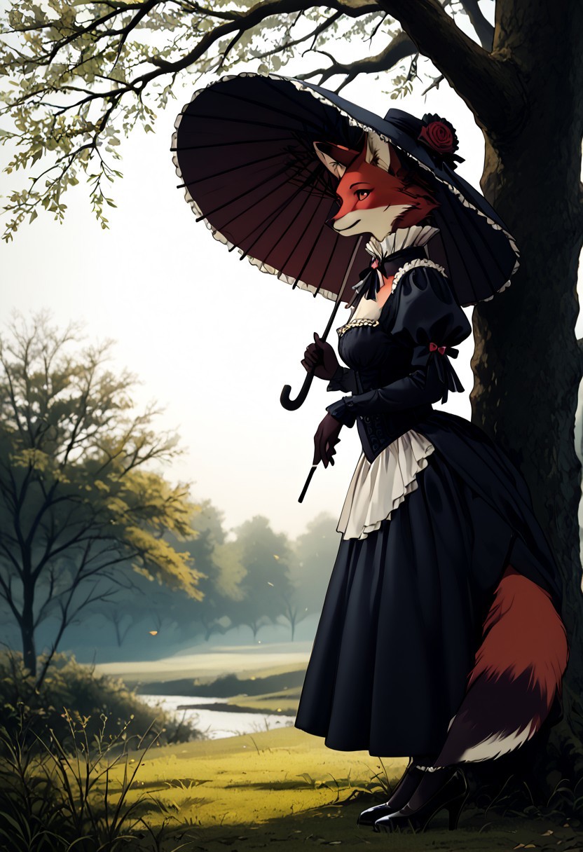 masterpiece,best quality, highly detailed, score_9, score_8_up, score_7_up, close up, side view, very aesthetic, absurdres, highres, realistic, 5 fingers, (red fox), 1girl, (Victorian outfit:1.2), hat plumage, (holding umbrella:1.3), fur, full body, (athletic:1.4), very confident, against tree, pumped breasts, furry, sexy, shy. (wide hips), narrow shoulders, (thick legs:1.4), looking side,
Victorian epoch, outside, dynamic light, warm_light, vibrant colors warm_colors, soft focus, high contrast, textured surfaces, depth of field, golden hour lighting, dramatic shadows, rich details, nature-inspired color palette,