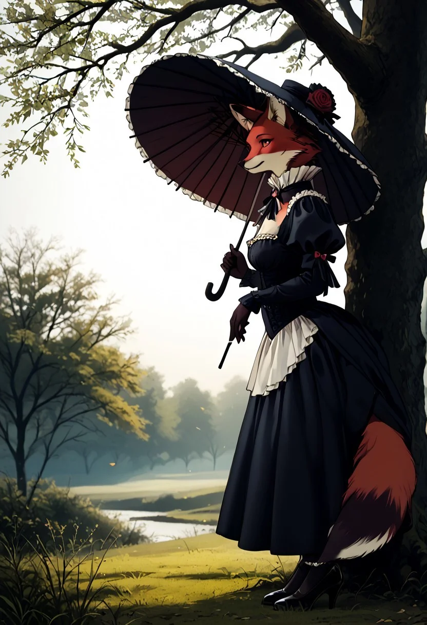 masterpiece,best quality, highly detailed, score_9, score_8_up, score_7_up, close up, side view, very aesthetic, absurdres, highres, realistic, 5 fingers, (red fox), 1girl, (Victorian outfit:1.2), hat plumage, (holding umbrella:1.3), fur, full body, (athletic:1.4), very confident, against tree, pumped breasts, furry, sexy, shy. (wide hips), narrow shoulders, (thick legs:1.4), looking side,
Victorian epoch, outside, dynamic light, warm_light, vibrant colors warm_colors, soft focus, high contrast, textured surfaces, depth of field, golden hour lighting, dramatic shadows, rich details, nature-inspired color palette,