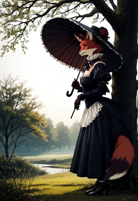masterpiece,best quality, highly detailed, score_9, score_8_up, score_7_up, close up, side view, very aesthetic, absurdres, highres, realistic, 5 fingers, (red fox), 1girl, (Victorian outfit:1.2), hat plumage, (holding umbrella:1.3), fur, full body, (athletic:1.4), very confident, against tree, pumped breasts, furry, sexy, shy. (wide hips), narrow shoulders, (thick legs:1.4), looking side,
Victorian epoch, outside, dynamic light, warm_light, vibrant colors warm_colors, soft focus, high contrast, textured surfaces, depth of field, golden hour lighting, dramatic shadows, rich details, nature-inspired color palette,