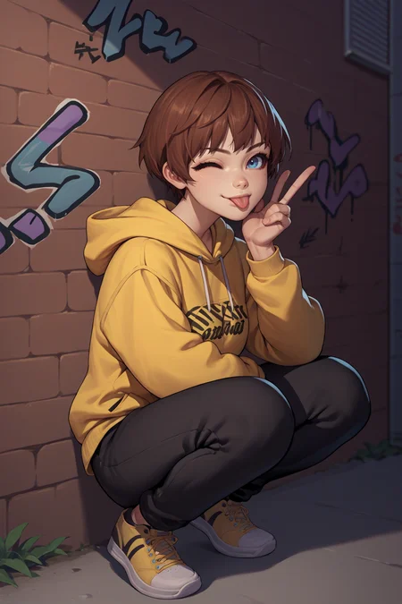 score_9, score_8_up, score_7_up, score_6_up, source_anime, 1girl, solo <lora:sblily-pdxl-nvwls-v1-000005:1> sblily, brown hair, short hair, blue eyes, yellow hoodie, black pants, squatting, sneakers, wall, graffiti, city, wink, tongue, looking at you