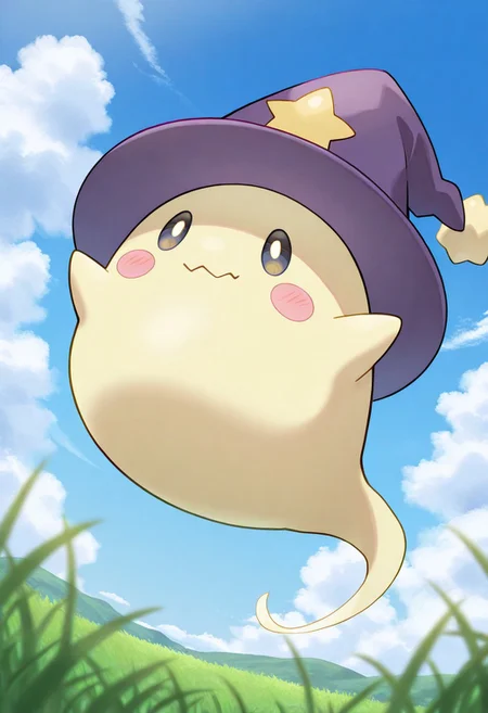 official art, masterpiece, best quality, absurdres, very aesthetic, no humans, pokemon (creature), 1other, solo, powaso, ghost, wizard hat, purple headgear, star (symbol), pom pom (clothes), pom pom hat ornament, hat ornament, blush stickers, (from below:0.10), grass, plains, blue sky, clouds