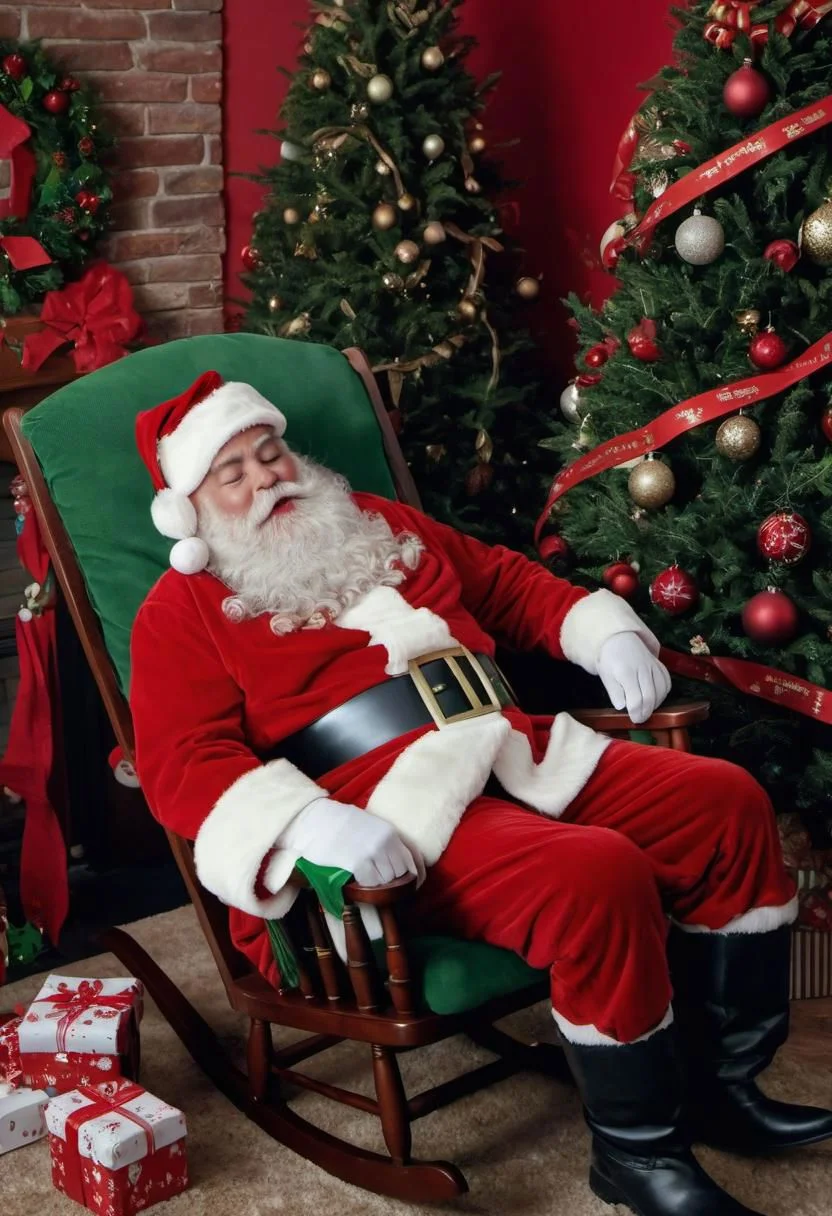 masterpiece, 8k, raw, 50yo Santa Claus napping on rocking chair, eyes closed, exhusted from decorating living room with Christmas decors, christmas tree, ribbon, christmas cards, presents, extreme festive,
