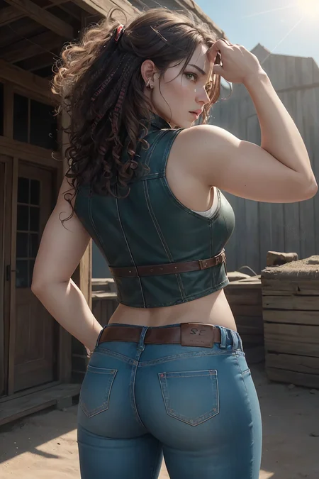 highres, masterpiece, perfect lighting, bloom, (RSEEmma:1.5), A captivating portrait of a female gunslinger, her gun raised and ready, emanating a sense of authority and prowess. Picture her with a determined expression, her steely gaze fixed on her target. Her sun-kissed complexion speaks of countless hours spent under the unforgiving sun of the frontier. Visualize her with flowing, chestnut hair cascading down her back, framing her face with rebellious curls. Her eyes, a piercing shade of emerald green, sparkle with a mixture of intensity and confidence. Dressed in rugged Western attire, she wears a weathered leather vest adorned with bullet casings, complemented by faded jeans and sturdy boots. Capture her in a powerful pose, showcasing her strength and skill as she brandishes her gun with a firm grip. Set against the backdrop of a sunlit desert or a rustic western town, utilize a medium telephoto lens to highlight her physical attributes and emphasize her role as a formidable female gunslinger., <lora:RSERomantic_RSESofiko_RSEEmma-v1:0.3>, <lora:breastinclassBetter:0.2>,
