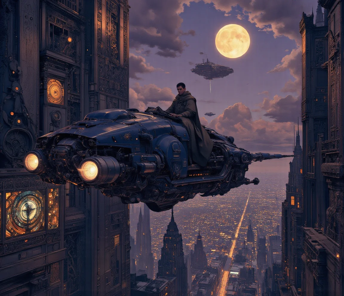 line art drawing anime artwork professional 3d model cinematic film still <lora:lora-10122.TA_trained:1>ancient holograms, glowing control panels, quantum circuits, floating holographic UI, AI-powered constructs, intricate clockwork mechanisms, metallic engraving details...muted tones, sci-fi philosopher]Sci-fi cityscape, mid-ground, futuristic city, hovering vehicles, (detailed architecture:1.2), (ornate designs:1.2), floating structures, (large scale structures:1.2), (dark blue, metallic vehicles:1.2), (person riding a vehicle:1.2), (human figure:1.1), (male, age:30, ethnicity:1.1), (cloak:1.2), (detailed clothing:1.2), (expression:1.1), (serious pose:1.1), facing viewer, central focus, mid-air, hovering craft, (detailed vehicle design:1.2), (intricate patterns:1.2), (complex machinery:1.2), (lights illuminating city:1.2), warm orange lights, (glowing city:1.1), purplish and violet, large yellow moon, detailed sky, (clouds:1.1), distant floating ships, (photorealistic style), (digital painting), atmospheric perspective, wide-angle shot, (color palette:1.2), cool tones, (lighting effects:1.2), dramatic lighting, epic scale, detailed textures. . shallow depth of field, vignette, highly detailed, high budget, bokeh, cinemascope, moody, epic, gorgeous, film grain, grainy . octane render, highly detailed, volumetric, dramatic lighting . anime style, key visual, vibrant, studio anime,  highly detailed . professional, sleek, modern, minimalist, graphic, line art, vector graphics