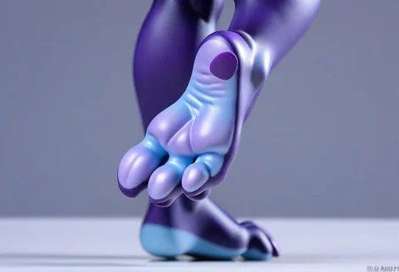 tox_lowkey, barefoot, purple feet, blue soles, 3 toes, standing, foot focus, close-up