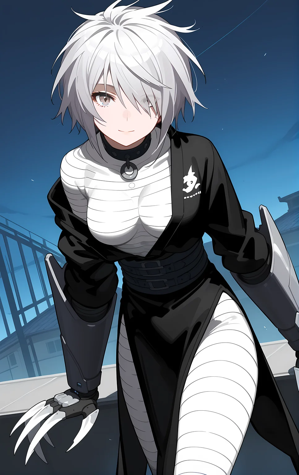 (score_9, score_8_up, score_7_up), standing, leaning forward, looking at viewer, light smile, closed mouth, shiny skin, tight clothes,
ohwx, 1girl, solo, solo_focus, breasts, medium_breasts, hair_over_one_eye, short_hair, white_hair, grey_hair, grey_eyes,
bandages, claw_\(weapon\), claws, torn_clothes, japanese_clothes, choker, sarashi, belt, scar, sash, boots, gauntlets, spikes, long_sleeves,
rooftop, post-apocalypse, dusk,
cowboy shot, dutch angle, close-up,
<lora:haihane_pony_ss:1>