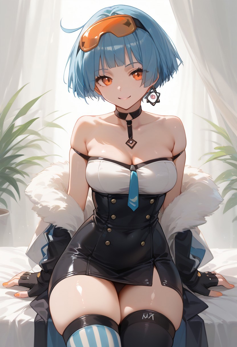 score_9, score_8_up, score_7_up, source_anime, BREAK blue hair, short hair, orange eyes, goggles on head, earring, dress, fingerless gloves, mismatched legwear, medium breasts, thick thighs, wide hips, skindentation, looking at viewer, light smile, shiny skin