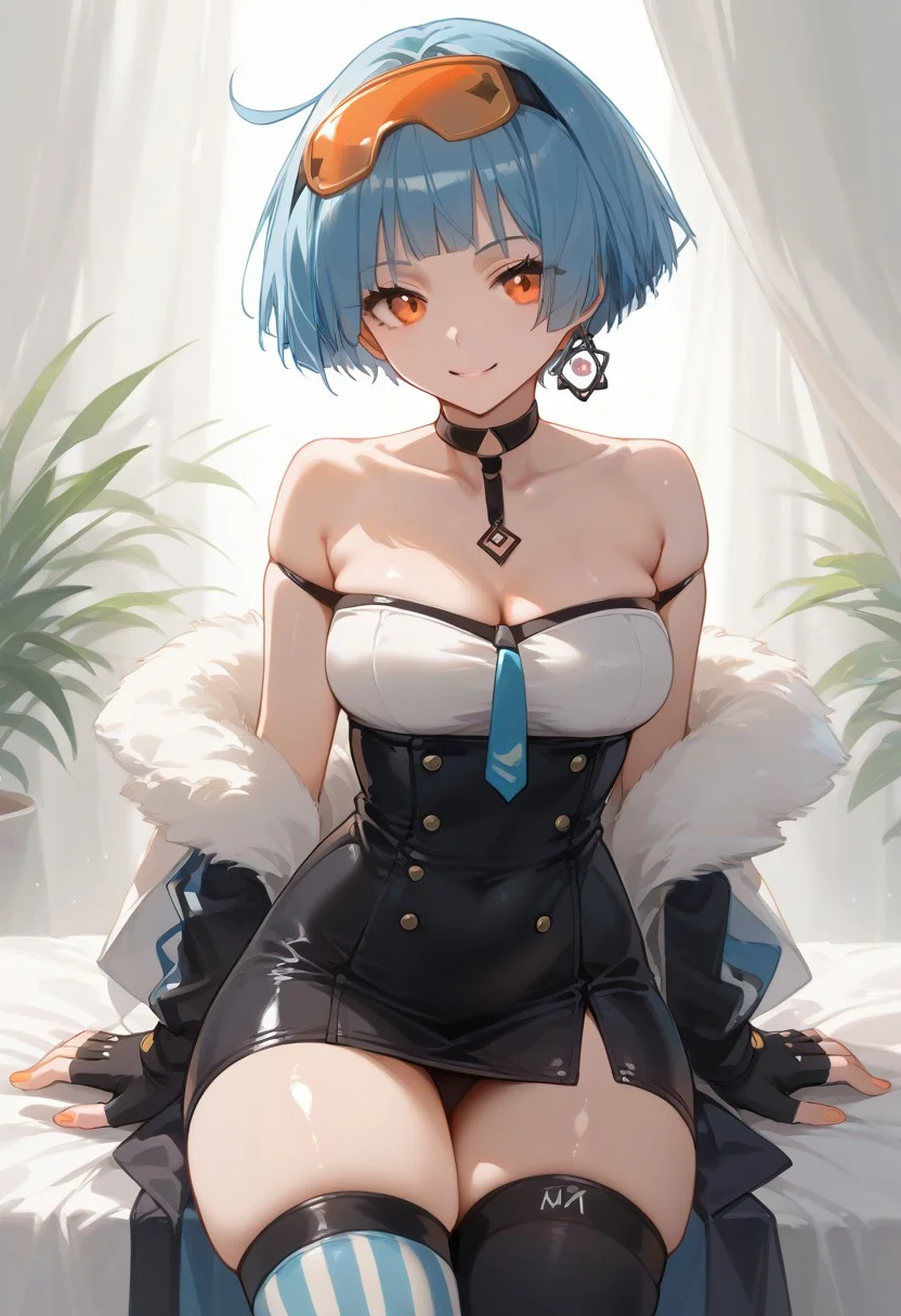 score_9, score_8_up, score_7_up, source_anime, BREAK blue hair, short hair, orange eyes, goggles on head, earring, dress, fingerless gloves, mismatched legwear, medium breasts, thick thighs, wide hips, skindentation, looking at viewer, light smile, shiny skin