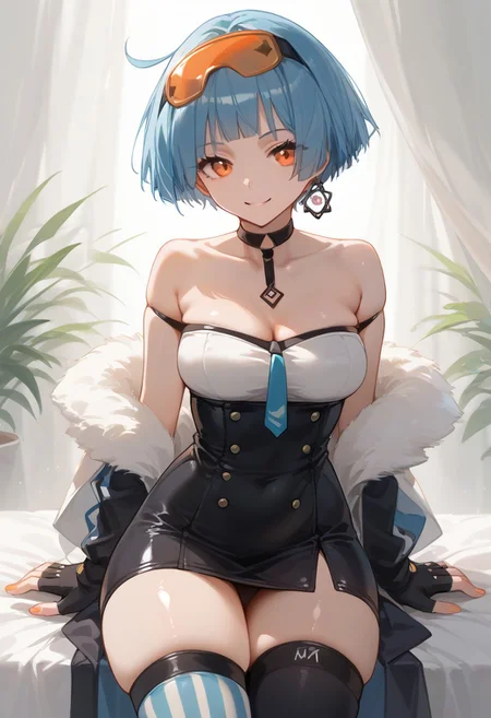 score_9, score_8_up, score_7_up, source_anime, BREAK blue hair, short hair, orange eyes, goggles on head, earring, dress, fingerless gloves, mismatched legwear, medium breasts, thick thighs, wide hips, skindentation, looking at viewer, light smile, shiny skin