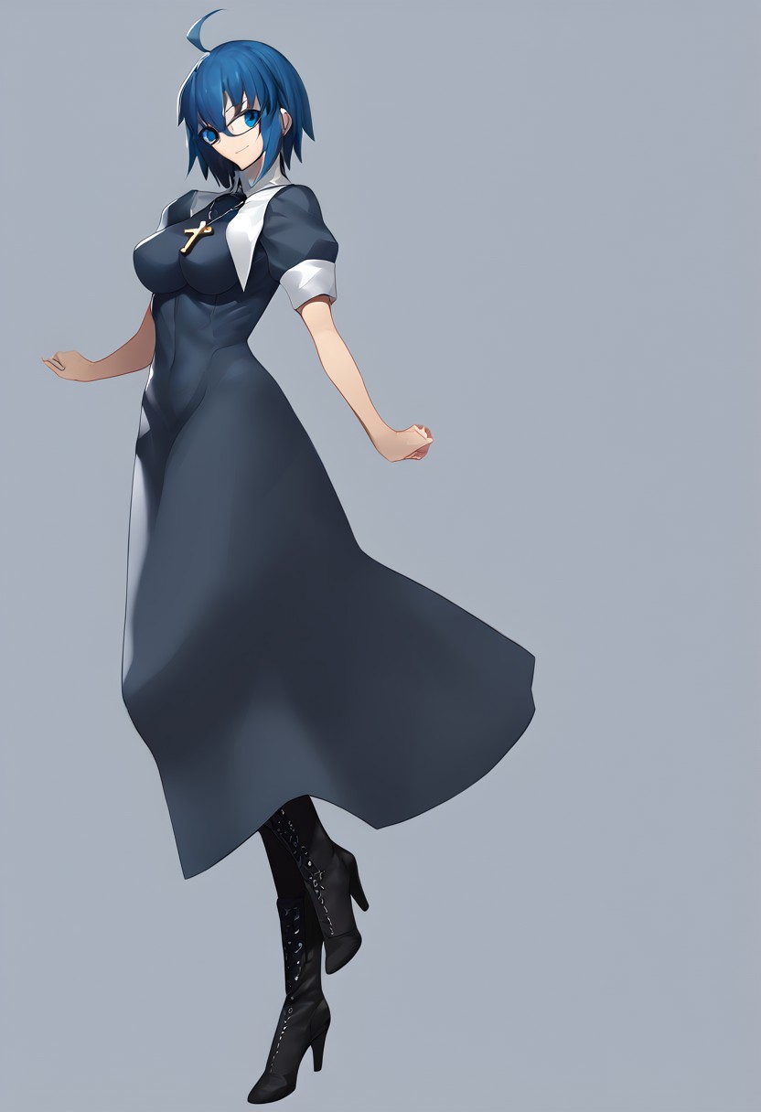 score_9, score_8_up, score_7_up, score_6_up, score_5_up, score_4_up, source_anime, 2girl, 
ciel, ciel \(tsukihime\), ahoge, black dress, black footwear, blue-framed eyewear, blue eyes, blue hair, boots, breasts, cross, cross necklace, dress, glasses, habit, hair between eyes, high heel boots, high heels, jewelry, large breasts, latin cross, long hair, short sleeves, necklace, nun, smile, solo, 
masterpiece, best quality, very aesthetic, absurdres,