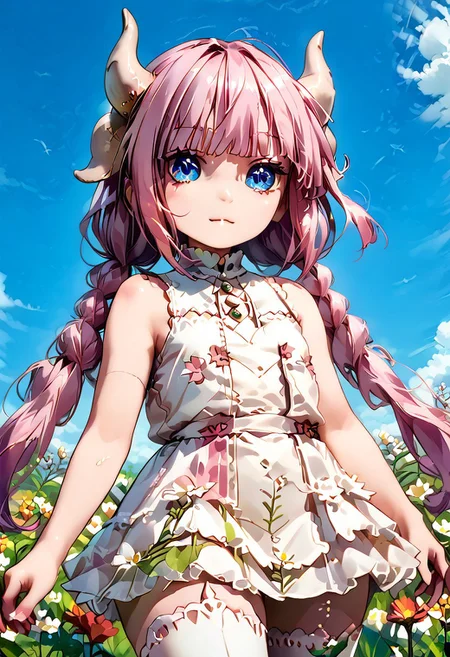 score_9, score_8_up, source_anime, masterpiece, bottom view, full body, (scenary:1.2),, vivid colors,, shiny skin,, realistic anime, Kanna_Kamui, blue_eyes, slit_pupils, pink_hair, low_twintails, long_hair, blunt_bangs, gradient_hair, flat_chest, dragon_horns, purple tail, white sundress,, white_thighhighs, sleeveless,, flower field, purity eyes, one arm on the head, grass field, cotton clouds, blue sky, animate, perfect style,