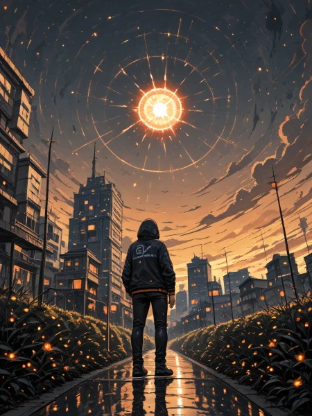 masterpiece, best quality, amazing quality, atmospheric perspective, hood, solo, cloud, sky, building, outdoors, pants, from behind, jacket, reflection, city, black pants, standing, hood up, hoodie, full body, sun, sunset, bush, glowing, gradient sky, circular composition, surreal, magic, cityscape