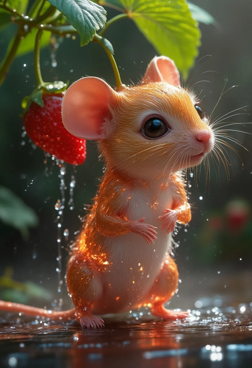 Cinematic style, realism, cinematic quality, 
macro close up shaddy showing close up cutie made of water, ((transparent liquid water mouse: 1.4)), under leaf, standing under strawberry, rainy day, abstract expressionism, realism, petals, transparency, light inside body, otherworldly glow, smooth, modern, dreamlike, fantasy, soft sepia, big expressive eyes, dynamic pose,