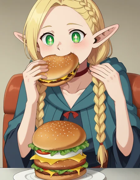 1girl, solo, <lora:marcille-donato-s1-ponyxl-lora-nochekaiser.safetensors:0.9>,  marcille donato, long hair, blonde hair, green eyes, braid, pointy ears, twin braids, elf, bright pupils, happy, parted bangs, choker, robe, red choker, mcdonald's restaurant background, <lora:_sdxl-dokaguiburger-pony.safetensors:0.8>, dokaguiburger, eating gurger, holdinf burger, french fries