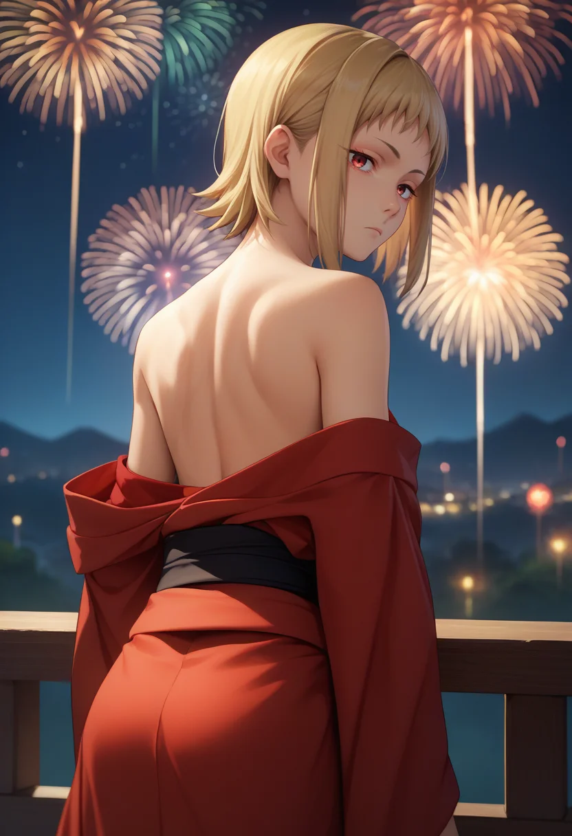 score_9, score_8_up, score_7_up, source_anime, from behind, solo, 1girl, sawatari akane, expressionless, looking back, red kimono, off shoulder, black sash, bare shoulders, fireworks <lora:csm_sawatari_ponyXL:1>