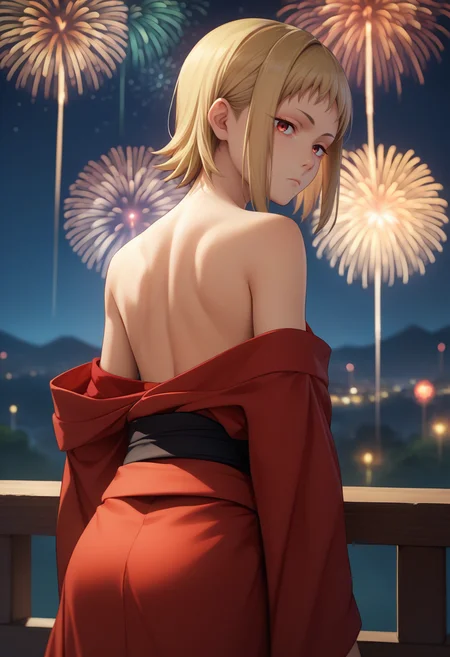 score_9, score_8_up, score_7_up, source_anime, from behind, solo, 1girl, sawatari akane, expressionless, looking back, red kimono, off shoulder, black sash, bare shoulders, fireworks <lora:csm_sawatari_ponyXL:1>