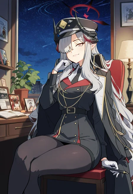 masterpiece, best quality, solo, curvy, beautiful eyes, narrow waist, wide hips, 1girl, solo, smile, looking at viewer, zzMakoto, horns, long hair, grey hair, demon horns, black horns, halo, multiple horns, pointy ears, grey eyes, black coat, black headwear, black necktie, coat on shoulders, collared shirt, long sleeves, military uniform, white gloves, black belt, white shirt, black pantyhose, black jacket, black skirt, <lora:HanumaMakotoBlueArchive_IXL_v1:1.0>, , zzLofi, sitting, side view, desk, chair, book, bookshelf, head rest, holding, holding pen, lamp, night, open book, pen, plant, potted plant, sky, star (sky), starry sky, window, windowsill, writing, <lora:LofiGirl_Style_IXL:0.8>,