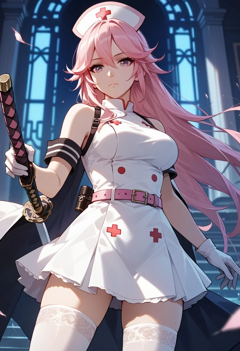 score_9,score_8_up,score_7_up,source_anime,YAE_SAKURA,1girl,solo,breasts,looking at viewer,gloves,dress,thighhighs,hat,holding,closed mouth,bare shoulders,weapon,sleeveless,belt,white gloves,sword,white dress,holding weapon,white thighhighs,sleeveless dress,holding sword,katana,sheath,sheathed,nurse cap,pink belt,