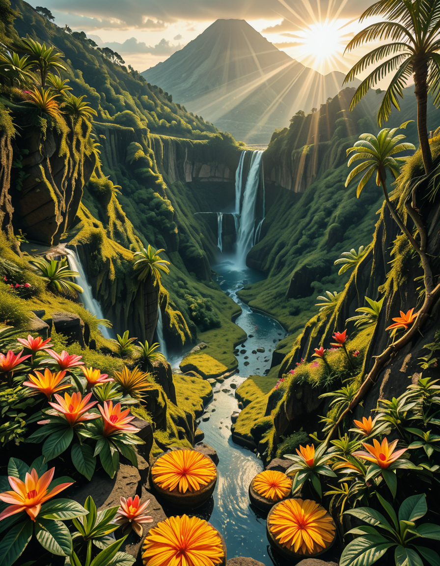 A breathtaking view of an ancient, dormant volcano now transformed into a lush, vibrant natural sanctuary. The crater is filled with dense tropical forests, colorful exotic flowers, cascading waterfalls, and mist swirling gently in the morning light. Vines and moss cover the dark volcanic rocks, and small streams wind down the slopes. while rays of sunlight pierce through the dense canopy, creating sparkling reflections on the water. The atmosphere feels peaceful, enchanted, and untouched by humans. The scene is depicted in an ultra-detailed, hyper-realistic style, with warm, soft lighting and rich, saturated colors that enhance the magical and serene mood of the landscape.
<lora:SDXLFaeTastic2400:0.4> <lora:extremely_detailed:0.4> extremely detailed,dormant v0lc4n0, <lora:dormant_v0lc4n0-i:1>, Masterpiece,best quality,hi res,8k,hi res,8k,award winning,(sharp focus, intricate, highly detailed),