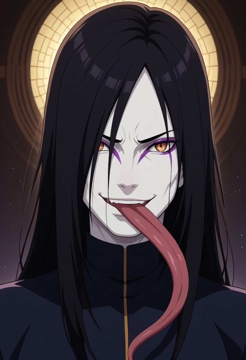 score_9, score_8_up, score_7_up, masterpiece, best quality, very aesthetic, NRTO_Orochimaru, 1boy, solo, male focus, black hair, long hair, hair over one eye, white skin, colored skin, purple eyeliner, dynamic view, eye focus, looking at viewer, bokeh, luminescent background, portrait, smirk, long tongue, threat, dynamic view, close up