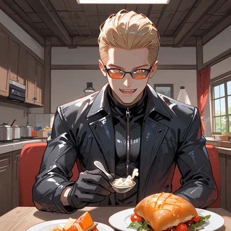 PonyScores7, source_anime, ah1, BREAK <lora:albertwesker-guy-PONYv1:0.8> albertwesker, albert wesker, 1boy, blonde, black gloves, (sunglasses:1.3), belt, black coat, black pants, looking at viewer, toned, athletic, fit, slicked back hair, black turtleneck, zipper, mature male, short hair, (graphene textured clothes), black boots, (<lora:IncomingFood_pdxl_Incrs_v2:0.8> incoming food, holding spoon, pov across table, feeding viewer, upper body, evil smile, open mouth), (Dining Area, Welcoming room with a low table surrounded by cushions for seating, clay dishes filled with food, decorative pottery on display, woven tapestries adorning the walls, and a central hearth for cooking), , (focused, intense glare), (reddish orange eyes, slit pupils), (angular face, sharp_featured face), handsome, charming, alluring, BREAK <lora:xl_more_art-full_v1:0.2>, <lora:shinyskin2:0.2> glistening skin, <lora:aesthetic_anime_v1s:0.2>, <lora:Expressive_H:0.2> Expressiveh, <lora:hairdetailpxl:0.2> hairdetailpxl, <lora:EpicF4nta5yXL:0.2>, <lora:detailxl:0.2> detailxl, <lora:Fant5yP0ny:0.2>, best quality, amazing quality, best aesthetic, absurdres, <lora:expressive eyes:0.2> expressive eyes, <lora:eyedetailpxl:0.2> eyedetailpxl, illustration, Volumetric_Lighting, ultra-detailed, very aesthetic, intricate details, 8k, masterpiece, best_quality, BREAK (pov), BREAK <lora:Eyes_High_Definition:0.3> EyesHD, Stable_Yogis_PDXL_Positives, AS-Adult, <lora:Complicated fantasy portrait - XL Pony V2.0:0.4>, bad-hands-5, AS-MidAged,