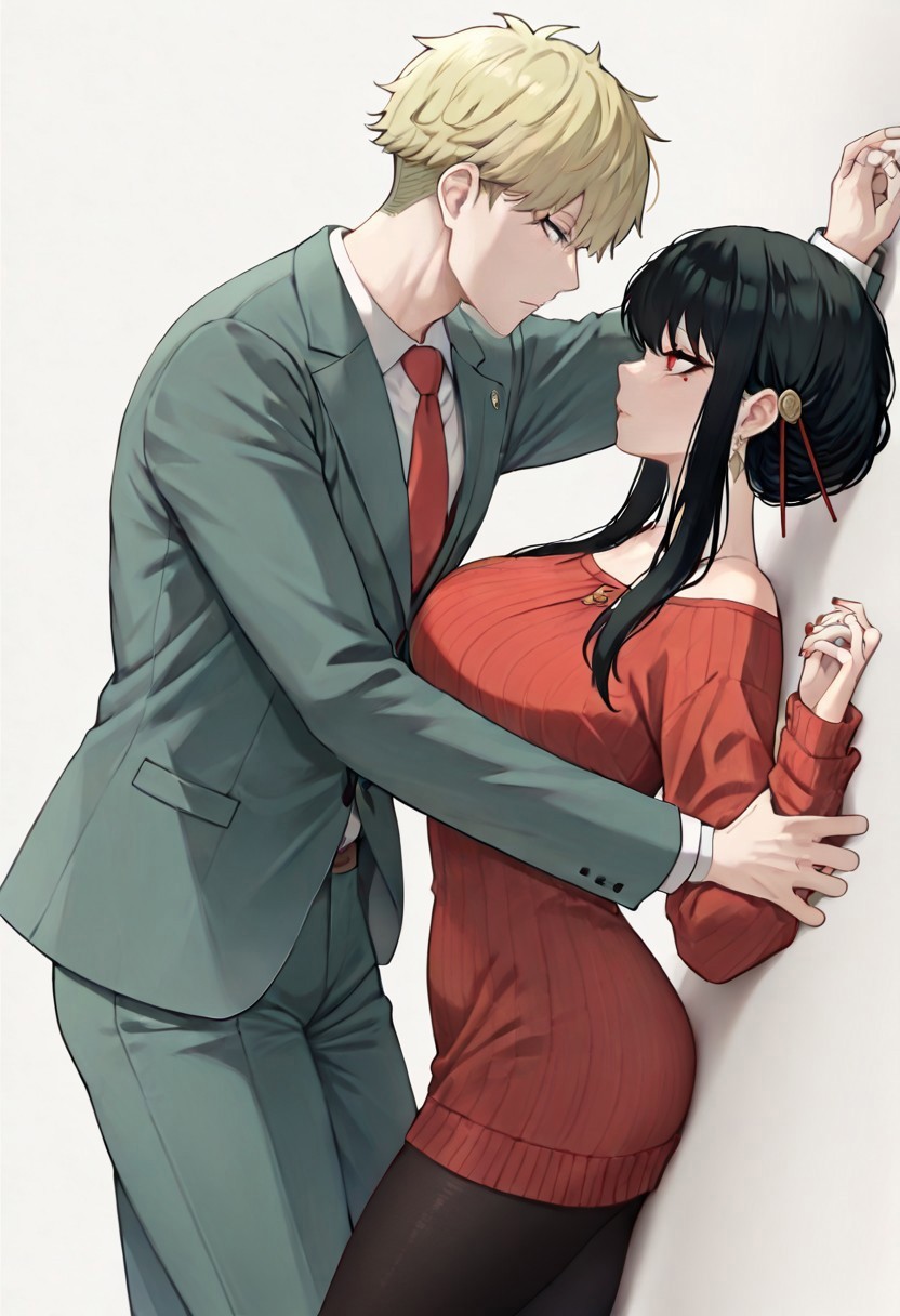 masterpiece, best quality, newest, absurdres, highres, WHLIEV1.0, holding another's wrist, looking at another, holding, 1boy, loid forger (spy_x_family), blonde, blue eyes, green suit,
1girl, yor_forger, spy_x_family, black_hair, red_eyes, red sweater
