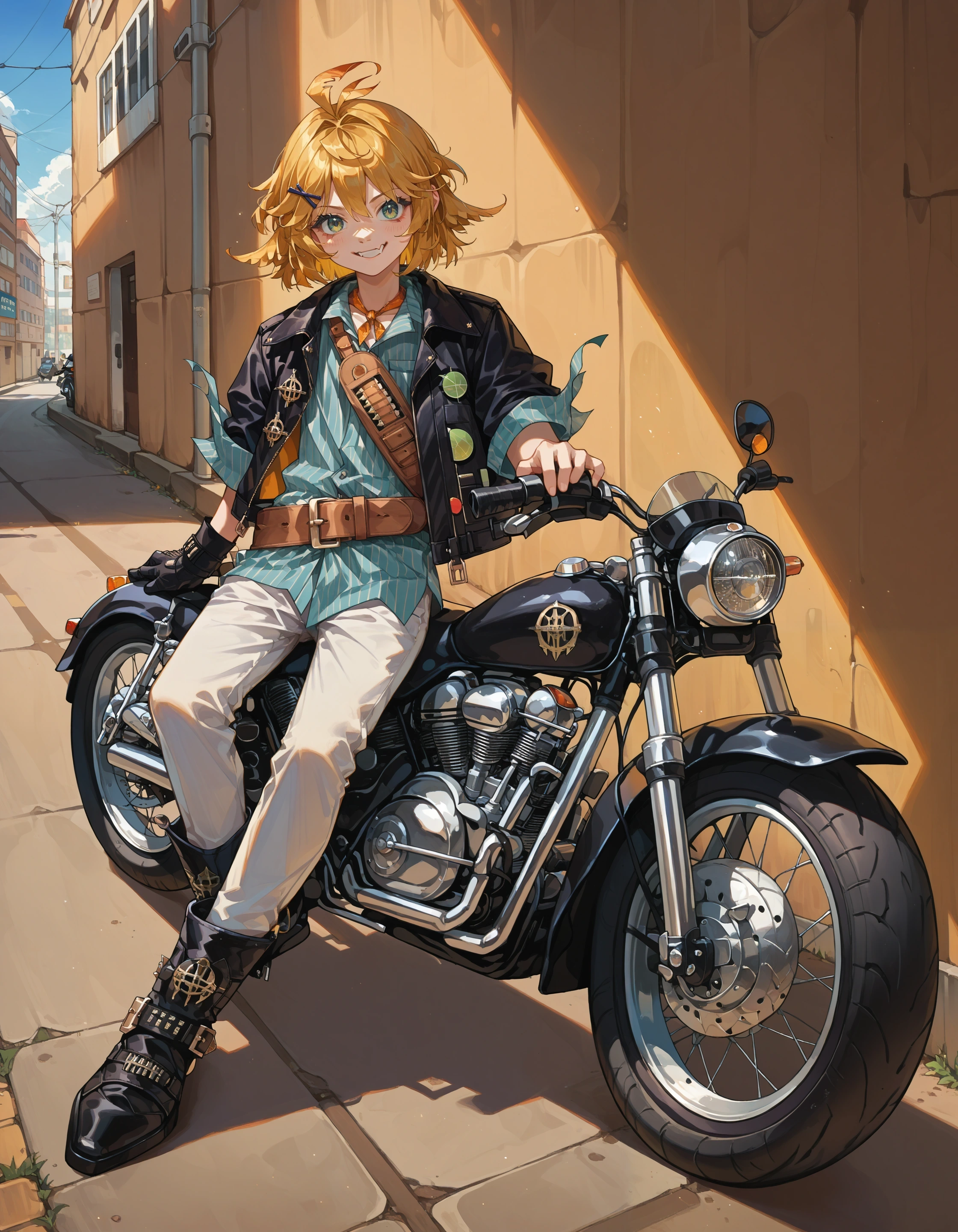 score_9, score_8_up, score_7_up, source_anime,
1girl, dokibrd, smile, full body, skin fang,
black jacket, open jacket, striped shirt, brown belt, white pants,
leaning against motorcycle, motorcycle, sunlight
 <lora:char_dokibird-bounty-pony:1>