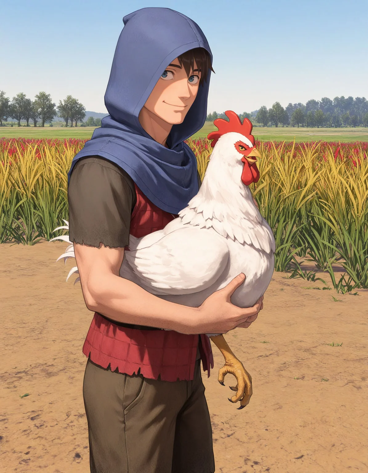 masterpiece, good quality, best quality,  2d, anime, 
bretonnianpeasant, 1boy, hood, holding chicken, smile, looking at viewer, 
field, dirt,
 <lora:BretonnianPeasant_Vpred:0.6>