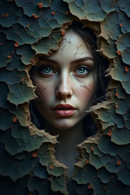 hidden bihind a , Photo-realistic close-up with low-key lighting, a with intricate textures and vibrant colors. The scene should include a rich variety of elements, each contributing to the overall atmosphere. Lighting should be soft, diffused, and natural, enhancing the depth and realism of the scene. The mood is to be calm yet vibrant, creating a sense of serenity and wonder. Every detail in the scene should be meticulously rendered, emphasizing the contrast between light and shadow, and capturing the fine textures and subtle gradients. The color palette should be carefully chosen to evoke emotion, with each hue enhancing the aesthetic appeal of the overall composition. The final image should be immersive and captivating, drawing the viewer into its intricately detailed world.