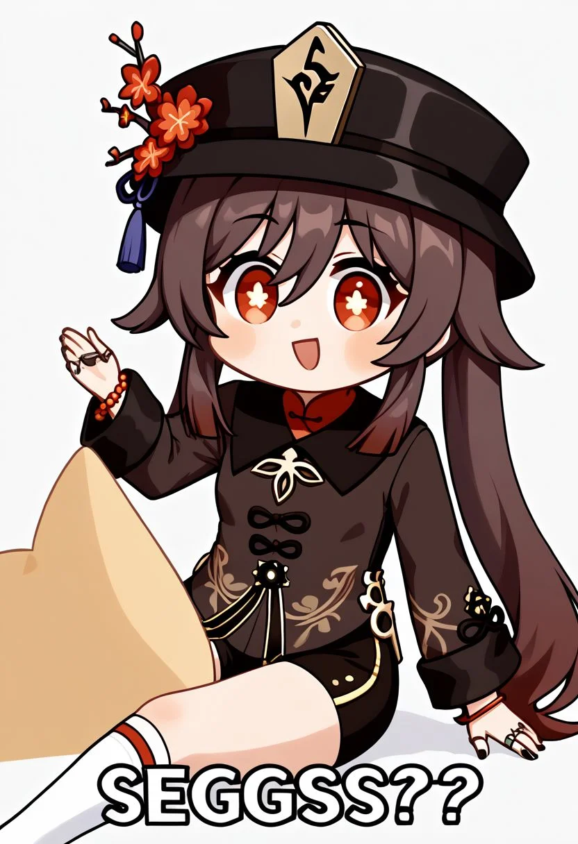 HuTao_DskFll, Seggs, chibi, 1girl, solo, long hair, blush, open mouth, smile, english text, brown hair, shirt, red eyes, long sleeves, hat, hair between eyes, twintails, jewelry, sitting, very long hair, flower, thighs, small breasts, shorts, socks, bracelet, symbol-shaped pupils, short shorts, black headwear, chinese clothes, black shorts, ring, bug, white socks, butterfly, tassel, beads, hat flower, star-shaped pupils, bead bracelet, flower-shaped pupils, coattails, plum blossoms, tailcoat, hu tao (genshin impact), BREAK PonyXLV6_Scores