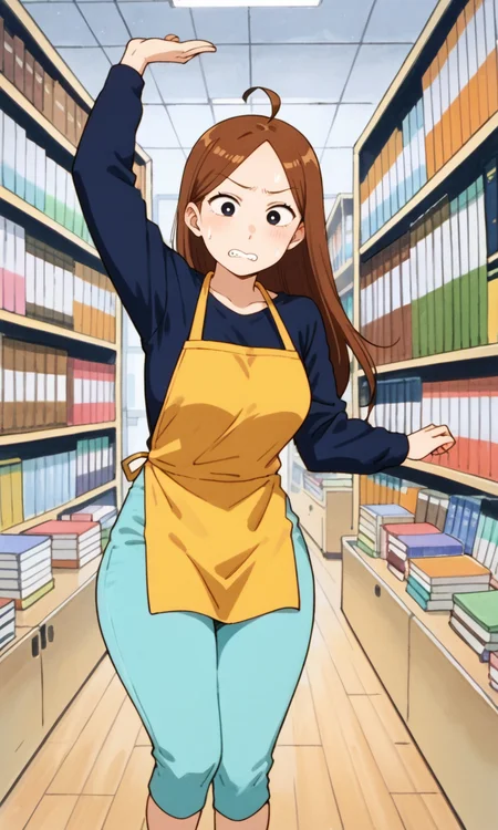(1girl:1.5), (solo:1.3), (score_9, score_8_up, score_7_up, score_6_up, score_5_up, score_4_up), (source_anime), rating_questionable, looking at viewer, (cowboy shot:1.3), indoors, bookstore, bookshelf, surprised, sweatdrop, clenched teeth, 
 (book-nakamura), (black eyes, brown hair, long hair, ahoge, forehead, swept bangs), (dark blue sweater, light blue pants, yellow apron, dark blue footwear, barefoot), (large breasts, wide hips, thick thighs), <lora:book-nakamura-early_v1:0.9>,
(from side:1.3), 
arm up, legs apart, dancing arms,