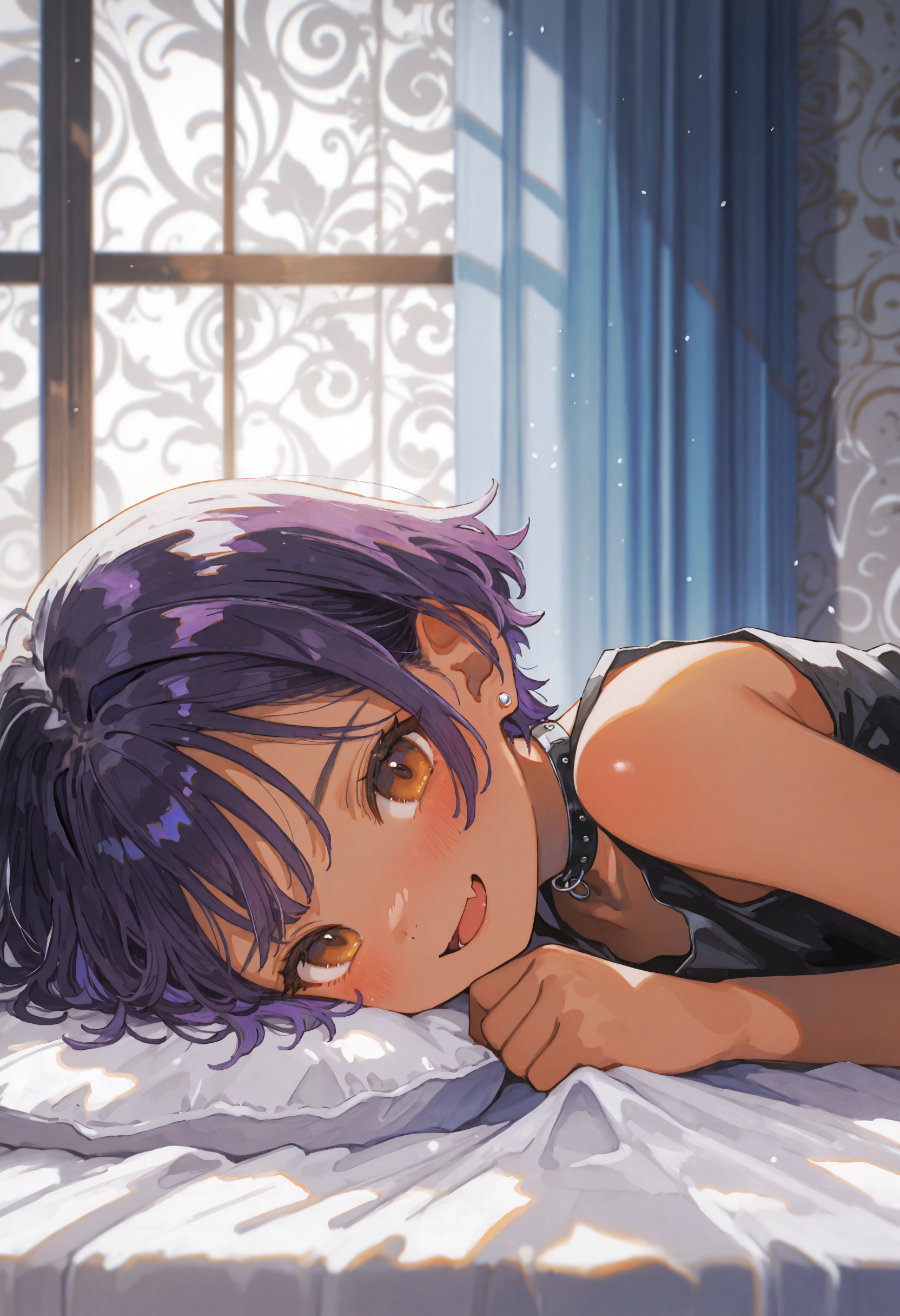 masterpiece, best quality, newest, absurdres, highres, very awa, anime screencap, limited palette, no lineart:1.3, watercolor \(medium\), painting \(medium\), traditional media, ambient occlusion, depth of field, intricate background, grey background, ethereal glow, 1girl, solo, open mouth, dark-skinned female, earrings, looking at viewer, dark skin, purple hair, lying, jewelry, window, on stomach, jaggy lines, indoors, short hair, choker, smile, shorts, curtains, fang, on bed, blush, tank top, skin fang, black shorts, collar, on side, brown eyes, no lineart, profile
