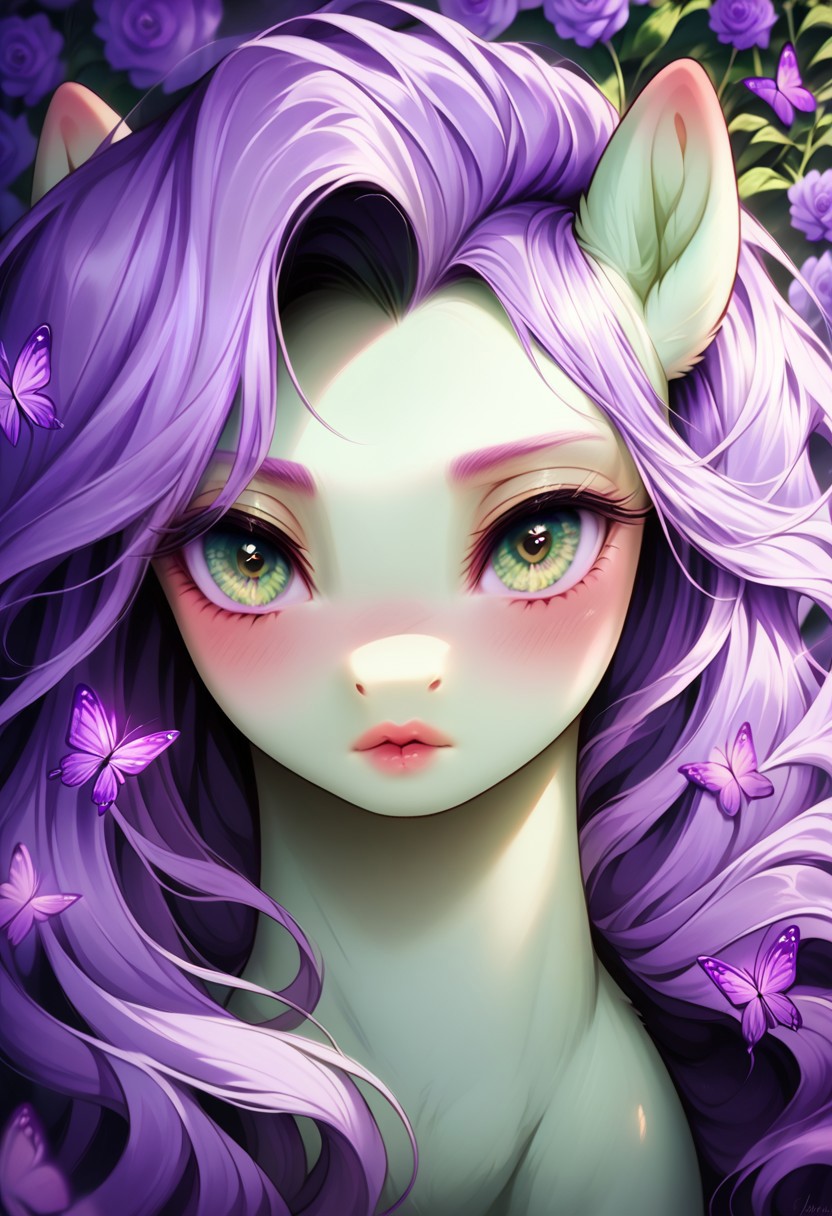 masterpiece, score_9, score_8_up, score_7_up, score_6_up, (best quality:1.1), ultra-detailed, high resolution, (ANTHOR), (ANTHROPOMORPHIC),  (Feral pony), (SOLO), (1WOMEN), (PEGASUS), ((LAVENDER TEA)), (highly detailed pony face:1.5), (pony nuzzle), (beautiful detailed pale green shiny eyes), (long detailed eyelashes:1.3), (soft blush:1.5), (shiny soft lips:1.2), (detailed extremely long pastel purple hair:1.9), (light purple hair:1.7), (pale purple flowers:1.5), (detailed pastel green fur:1.5), (expressionless), ((pastel purple flowers and butterflies background:1.7)), (front view), (pastel purple butterflies:1.5), (up close:1.5), (face view), high quality, sharp, the quality of ai art is frightening, highly detailed, Highly Visible, sharp focus, high detail, detailed background,