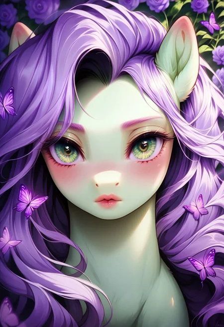 masterpiece, score_9, score_8_up, score_7_up, score_6_up, (best quality:1.1), ultra-detailed, high resolution, (ANTHOR), (ANTHROPOMORPHIC), (Feral pony), (SOLO), (1WOMEN), (PEGASUS), ((LAVENDER TEA)), (highly detailed pony face:1.5), (pony nuzzle), (beautiful detailed pale green shiny eyes), (long detailed eyelashes:1.3), (soft blush:1.5), (shiny soft lips:1.2), (detailed extremely long pastel purple hair:1.9), (light purple hair:1.7), (pale purple flowers:1.5), (detailed pastel green fur:1.5), (expressionless), ((pastel purple flowers and butterflies background:1.7)), (front view), (pastel purple butterflies:1.5), (up close:1.5), (face view), high quality, sharp, the quality of ai art is frightening, highly detailed, Highly Visible, sharp focus, high detail, detailed background,