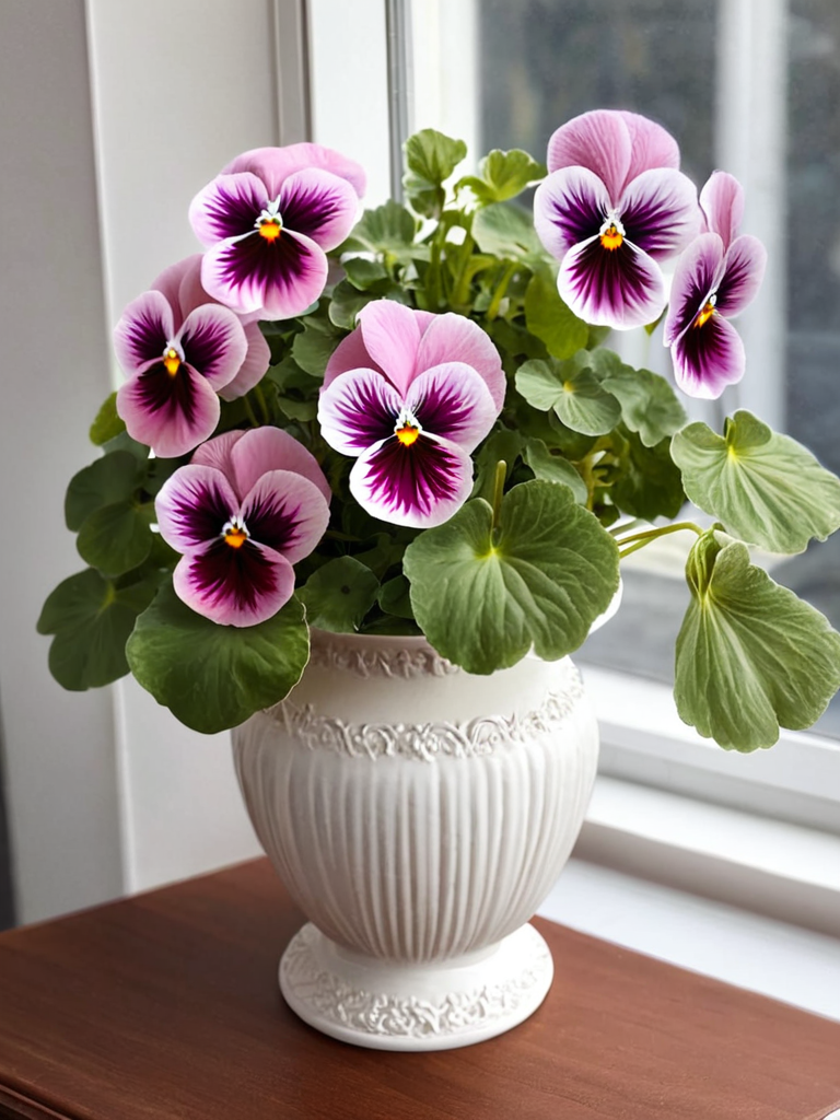 detailed, pink viola by ingrid-elias-style in a white flower vase, in a room, sitting on a table with a  window in one wall<lora:ingrid_elias_style:1>